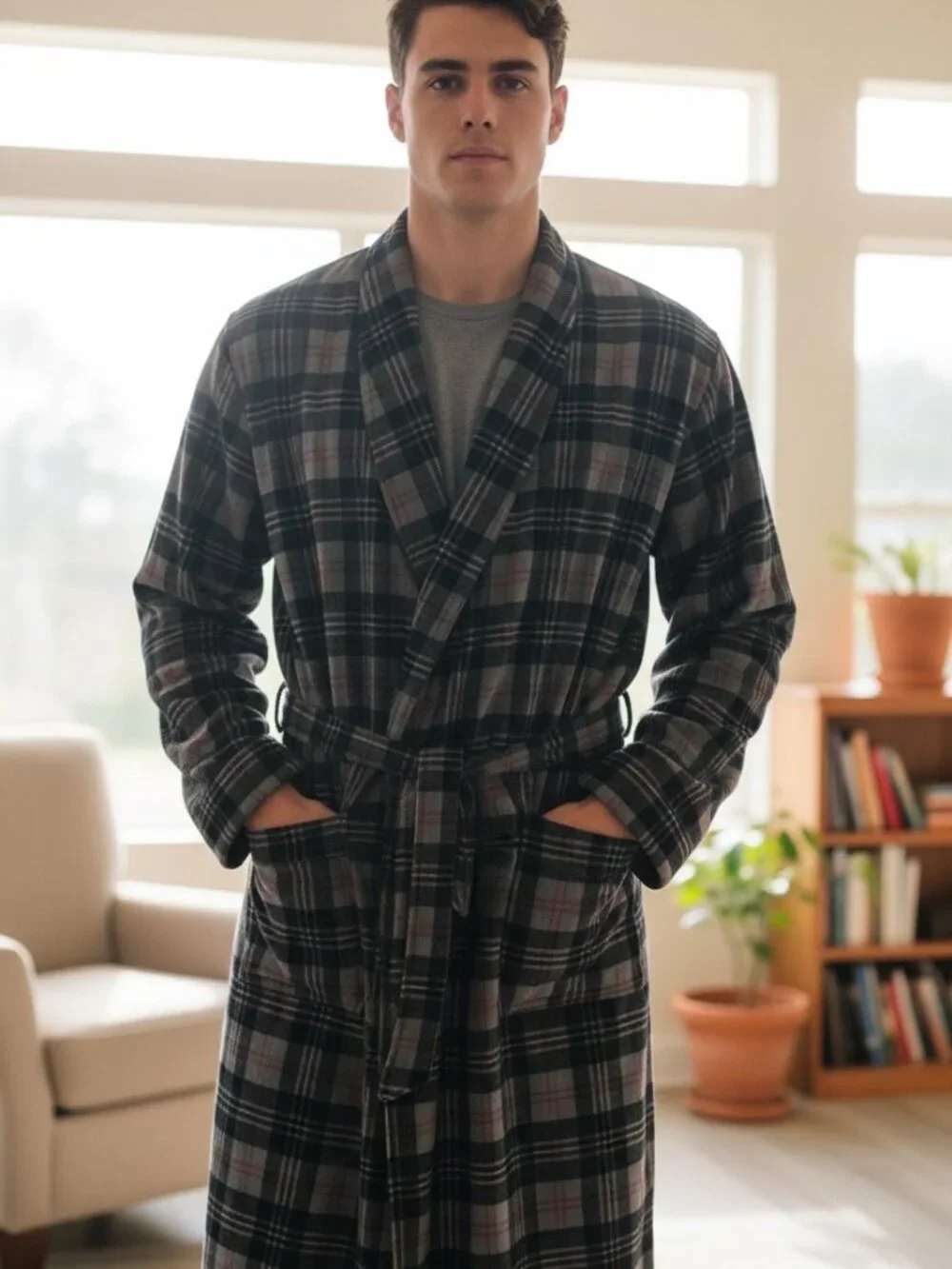 Pendleton Robe Mens XXL Gray Plaid 100% Virgin Wool Long Lounge Bathrobe